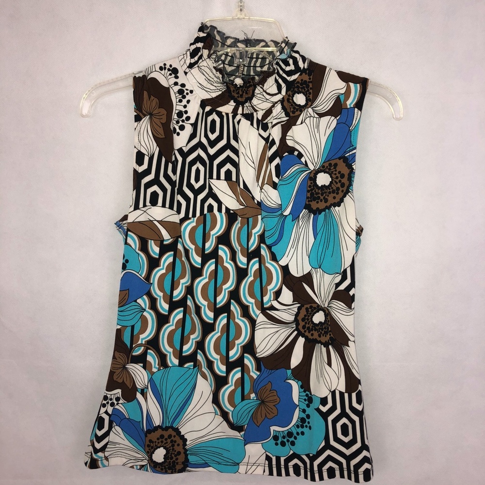 Serenade Floral Printed Blue Brown Top Size Small